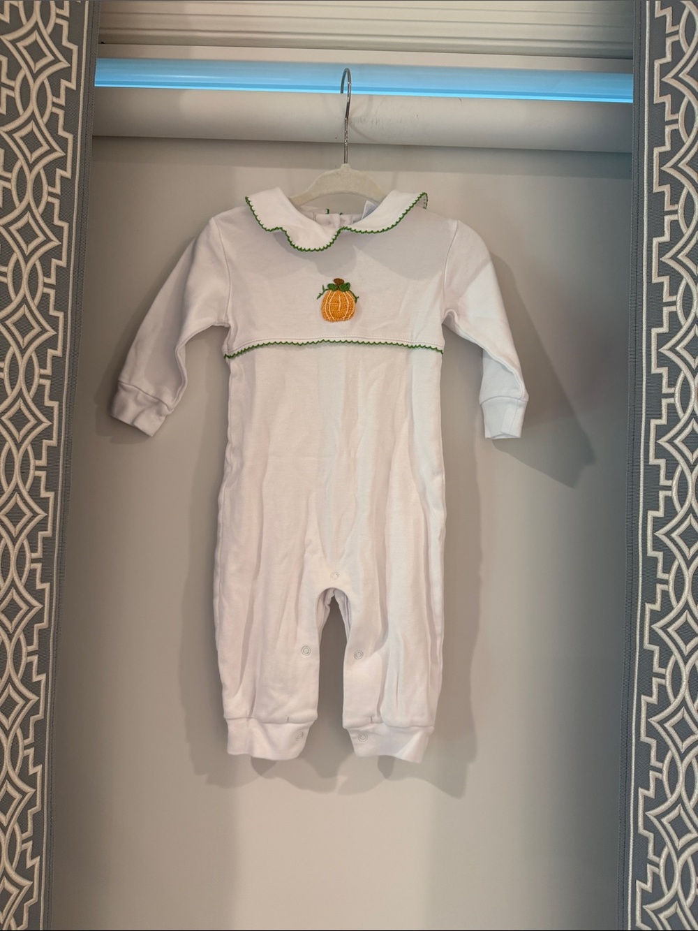 Little English White One-Piece with Orange Pumpkin and Green Trim